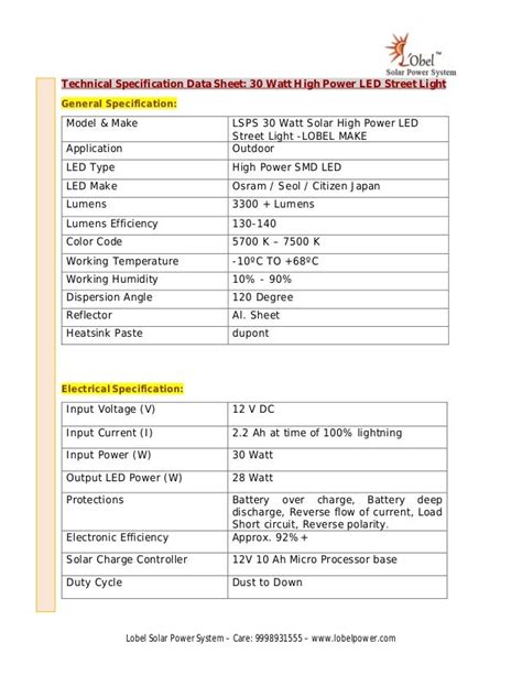 Specification Sheet SLS Solar LED Streetlight Project.